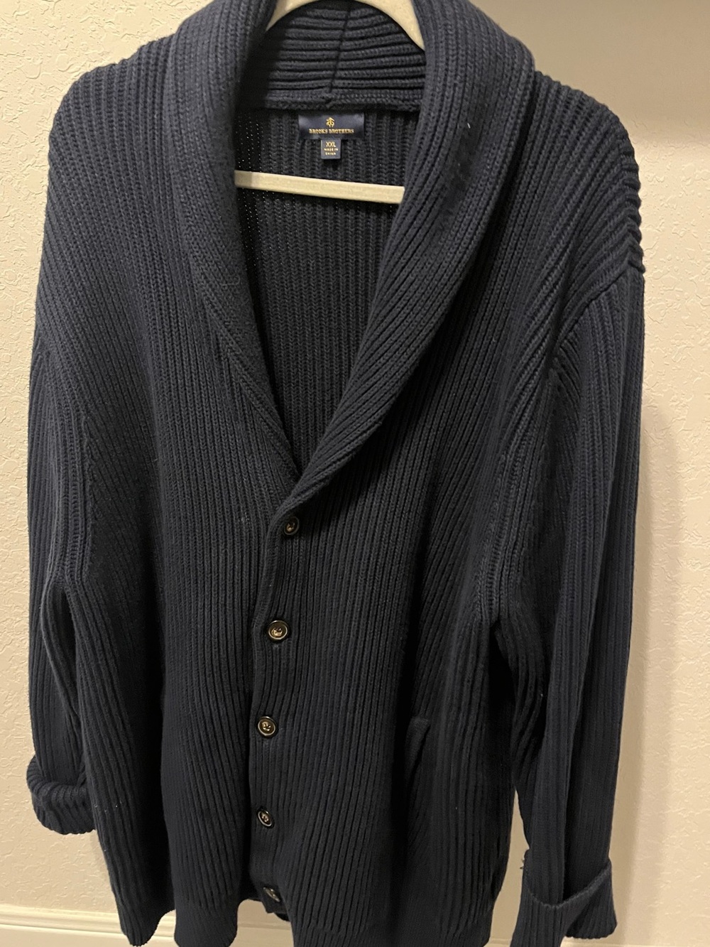 Brooks Brothers Men’s Dark Navy Shawl-Collar Ribbed Button Cardigan